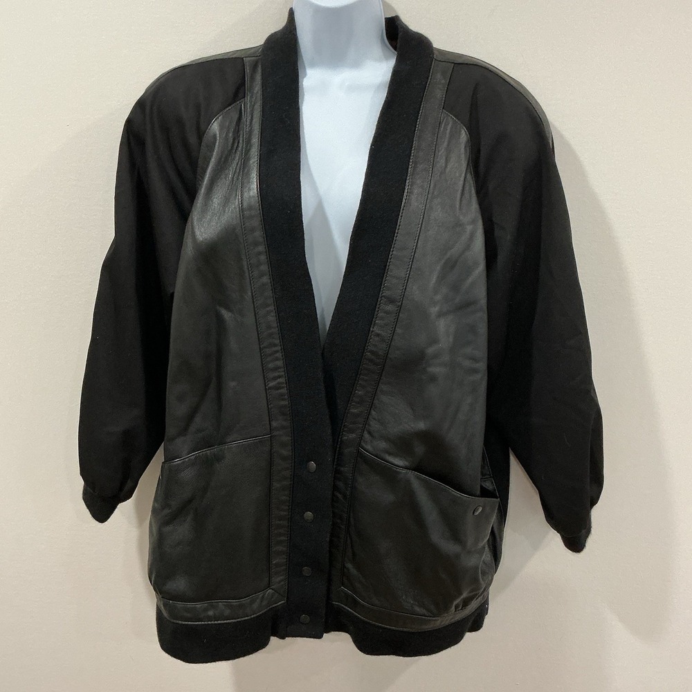 BETTINA Vintage Black Leather Bomber Jacket Coat Size 12 Dolmen Sleeve Moto